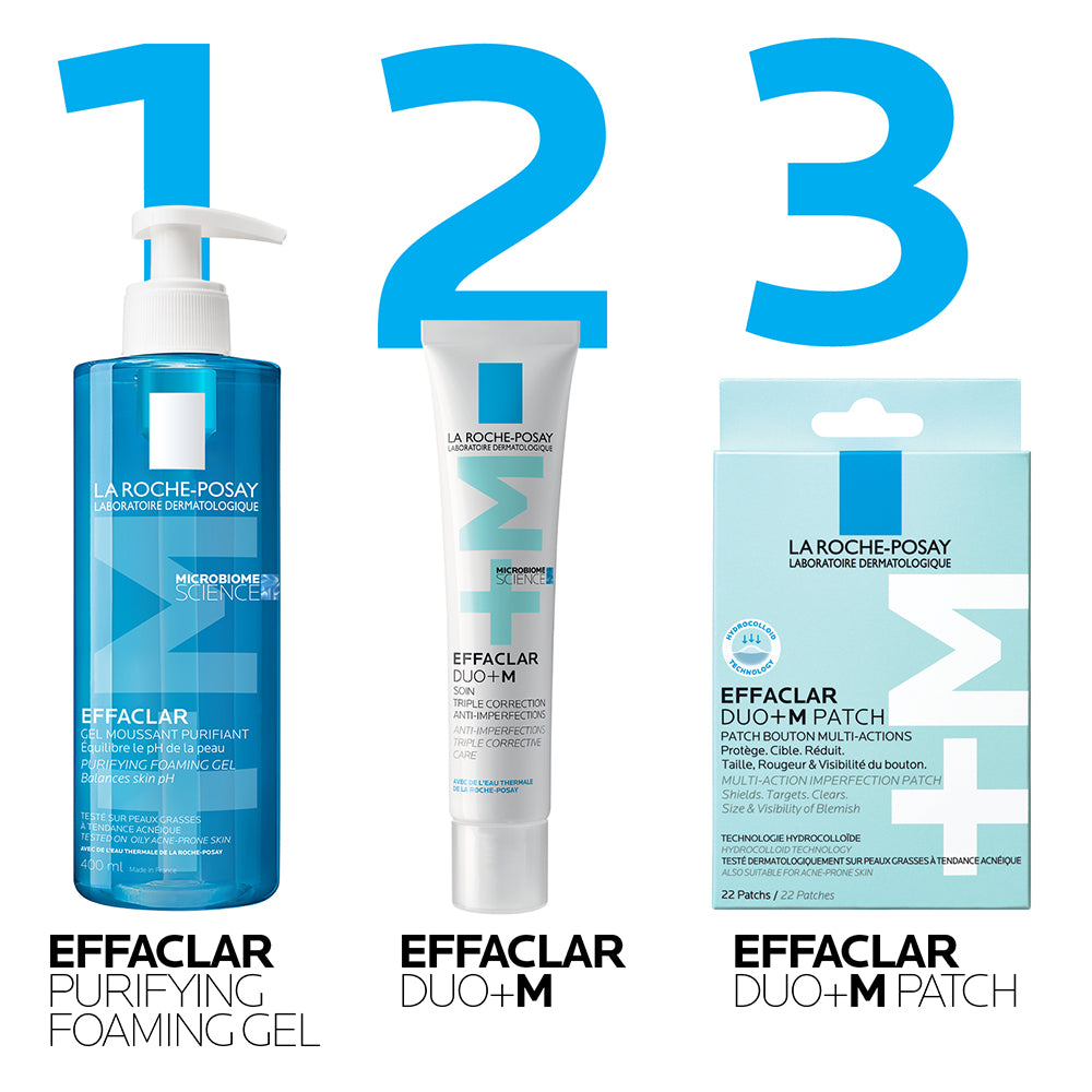La Roche-Posay Effaclar Multi-Target Blemish Patches on a skin surface showing clear, focused view of the patches designed for blemish treatment.
