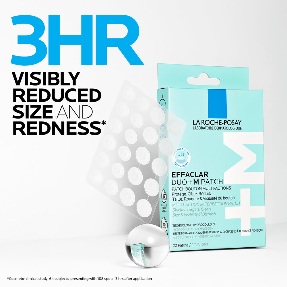 La Roche-Posay Effaclar Multi-Target Blemish Patches on a white background, showing small transparent patches for acne treatment.