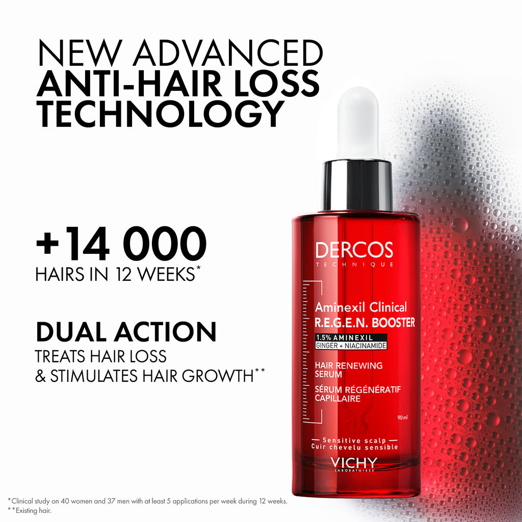 Vichy Dercos Aminexil Clinical Booster bottle with applicator brush, hair growth treatment for thinning hair in a sleek container