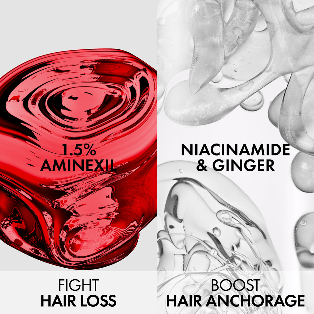 Vichy Dercos Aminexil Clinical Booster bottle with applicator brush for hair thinning treatment and scalp care.