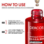 Vichy Dercos Aminexil Clinical Booster bottle with applicator brush for hair treatment, shown in a close-up image.