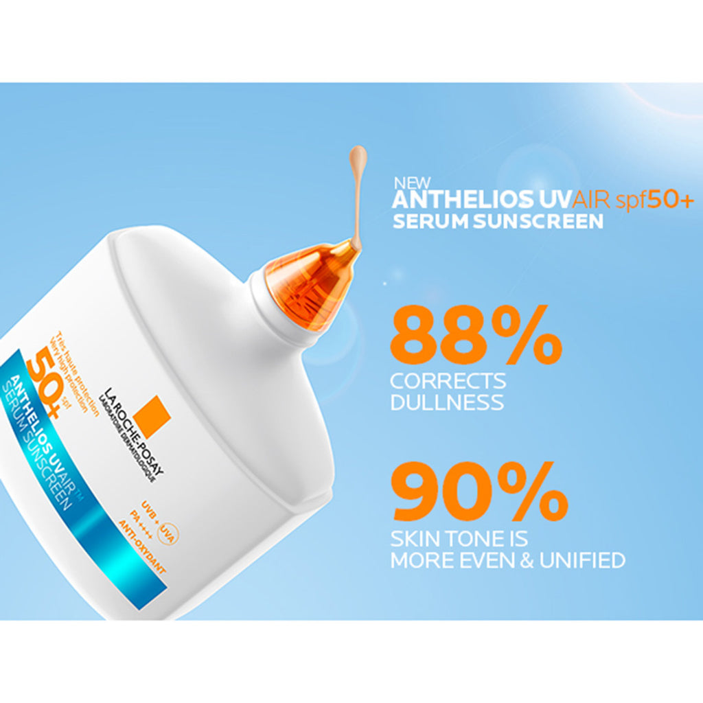 La Roche-Posay Anthelios UV Air Tinted Serum Sunscreen Medium SPF50+ in a sleek bottle with a pump dispenser.