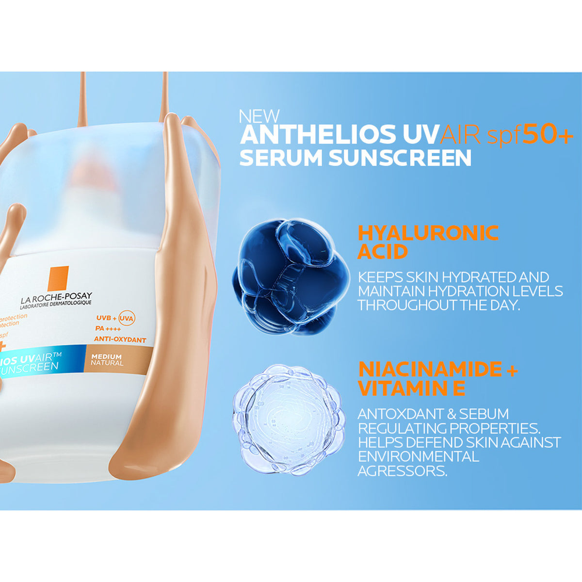 La Roche-Posay Anthelios UV Air Tinted Serum Sunscreen SPF50+ in medium shade, blue and white bottle with pump dispenser.