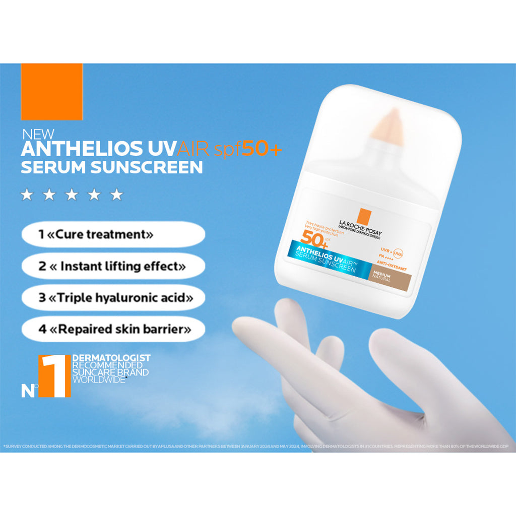 La Roche-Posay Anthelios UV Air Tinted Serum Sunscreen Medium SPF50+ in a sleek tube, shown with the product's packaging.