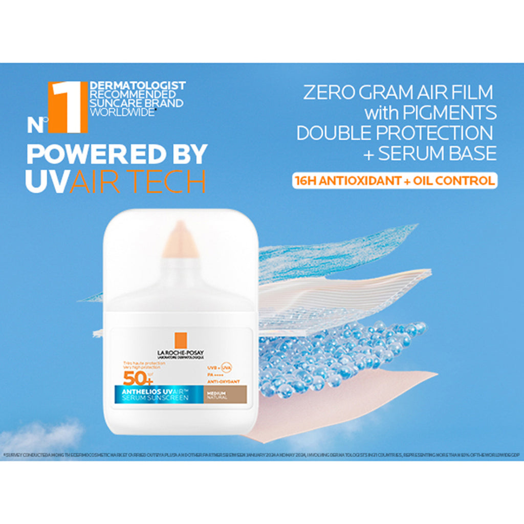 La Roche-Posay Anthelios UV Air Tinted Serum Sunscreen Medium SPF50+ in a sleek bottle with a pump dispenser.