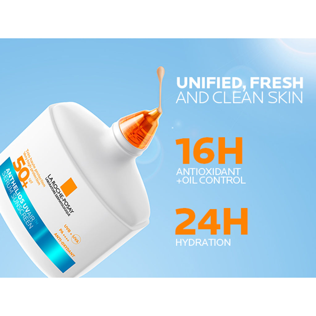 La Roche-Posay Anthelios UV Air Tinted Serum Sunscreen Medium SPF50+ in a sleek bottle, showing the product label and packaging.