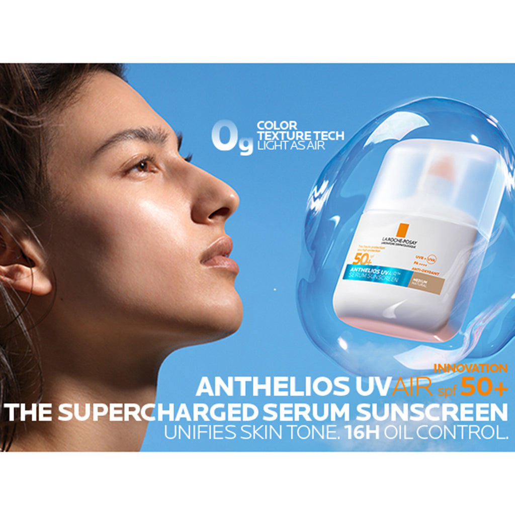 La Roche-Posay Anthelios UV Air Tinted Serum Sunscreen Medium SPF50+ in a sleek bottle with a pump dispenser.