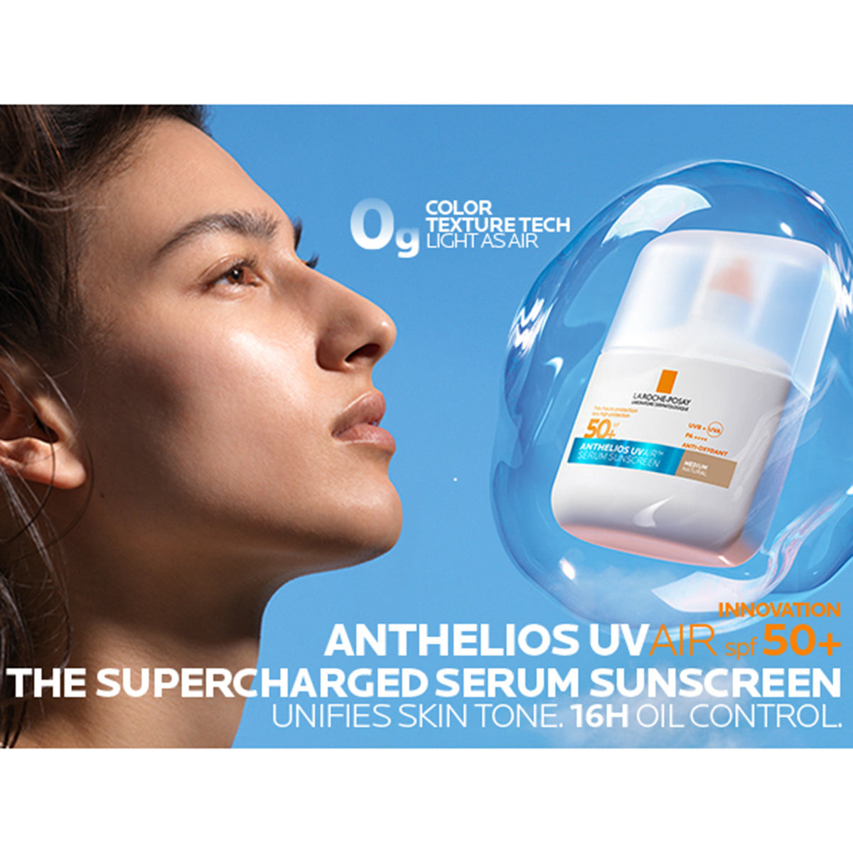 La Roche-Posay Anthelios UV Air Tinted Serum Sunscreen Medium SPF50+ in a sleek bottle with a pump dispenser.