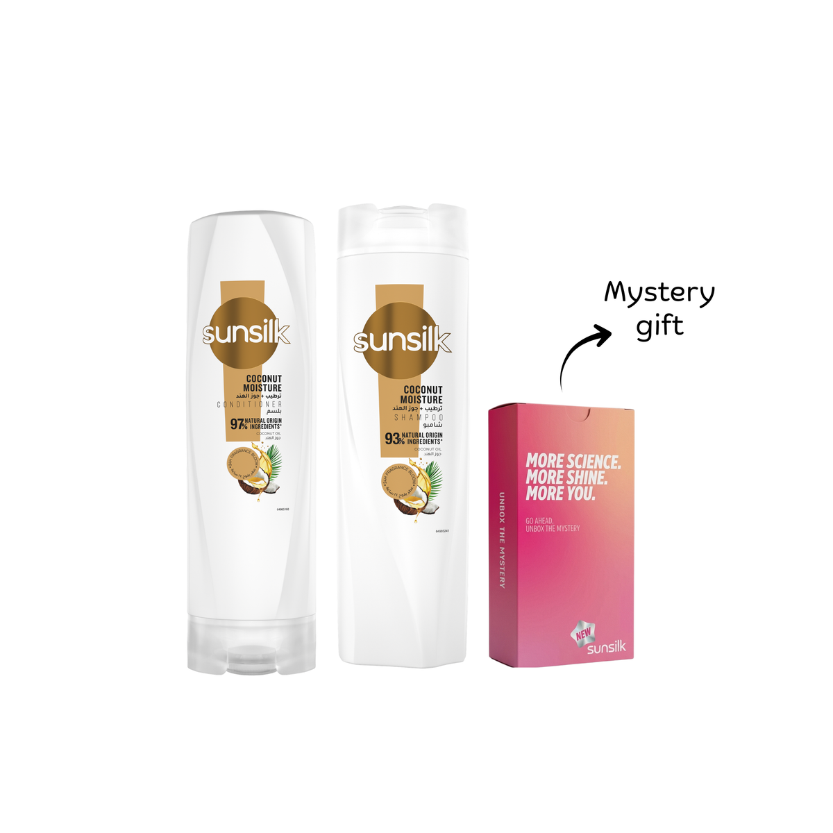 Sunsilk Coconut Moisture shampoo, conditioner, and gift set with bottles featuring coconut imagery on white background