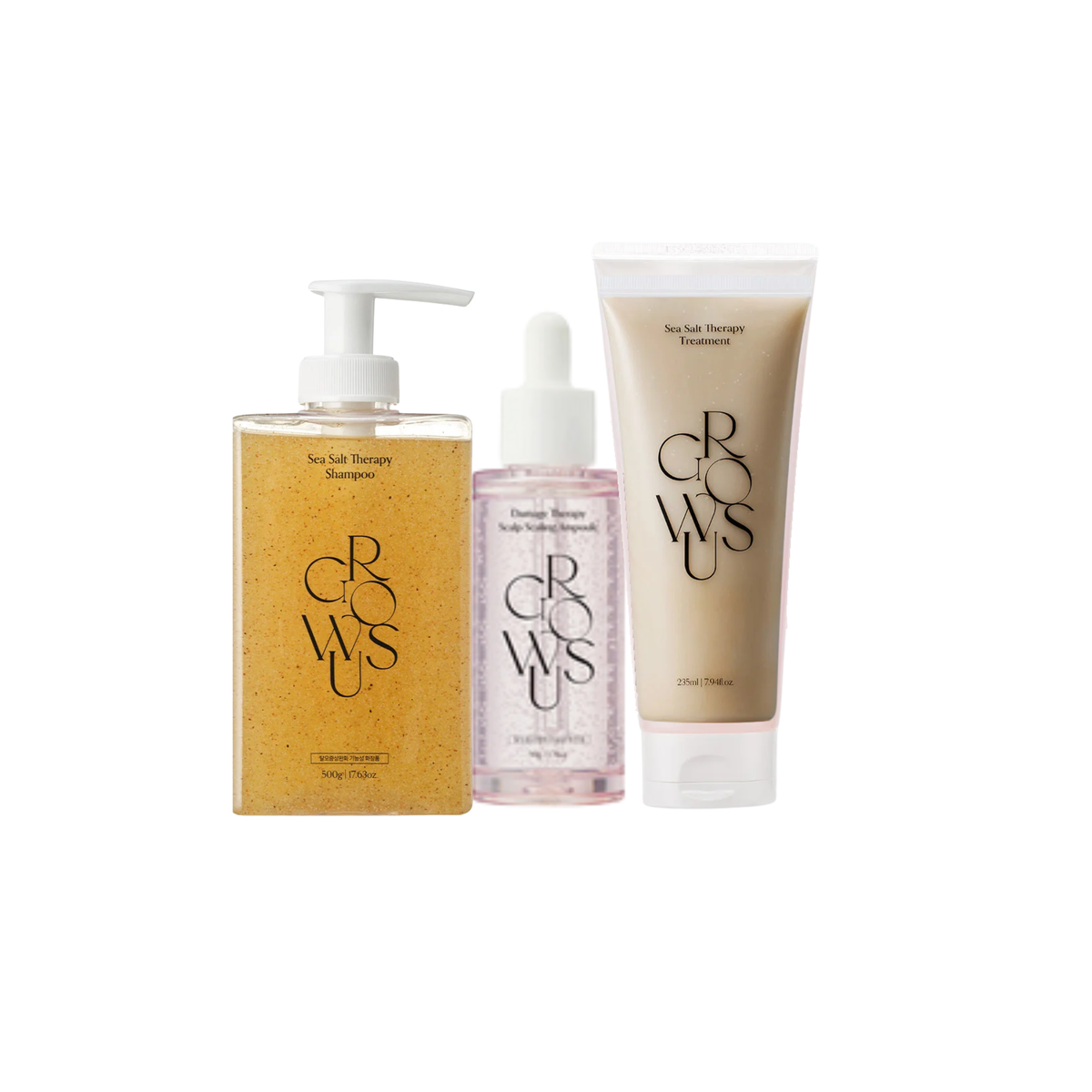 GrowUs Sea Salt Complete Ritual hair care set with sea salt products arranged together