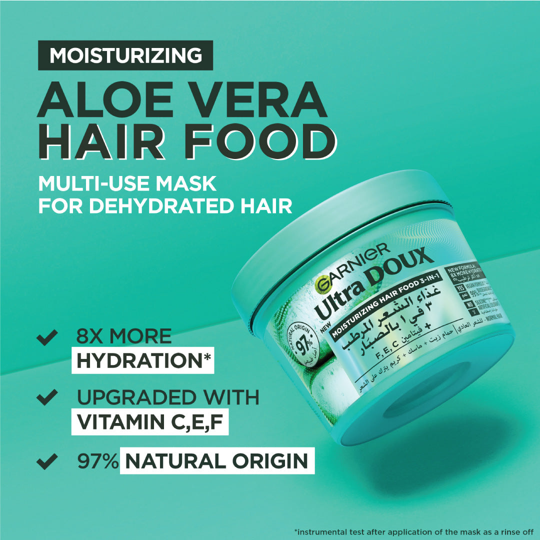 Garnier - Garnier Ultra Doux Aloe Vera Vegan Hair Food 3in1 Mask for dehydrated hair, Boosted with Vitamins C, E & F  | MazenOnline