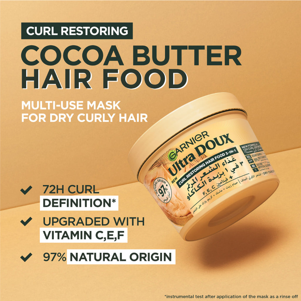 Garnier - Ultra Doux Cocoa Butter Vegan Hair Food 3in1 Mask for curly hair, Boosted with Vitamins C, E & F " | MazenOnline