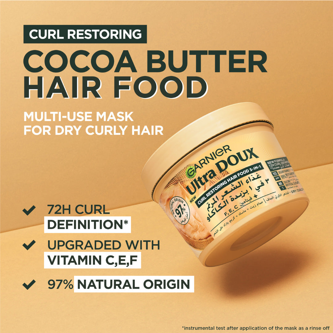 Garnier - Ultra Doux Cocoa Butter Vegan Hair Food 3in1 Mask for curly hair, Boosted with Vitamins C, E & F " | MazenOnline