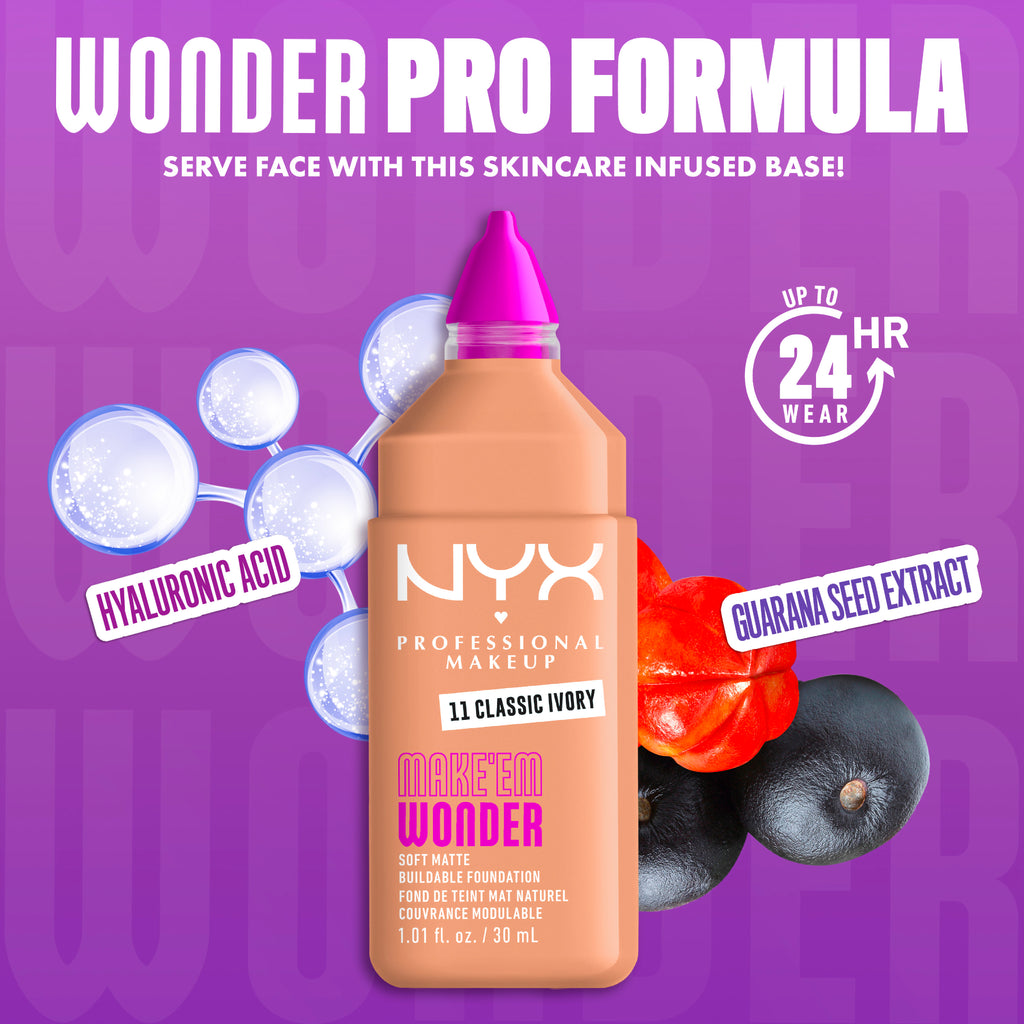 Make 'Em Wonder Liquid Foundation, 24HR Foundation Makeup With A Soft Matte Finish, Buildable Full Coverage
