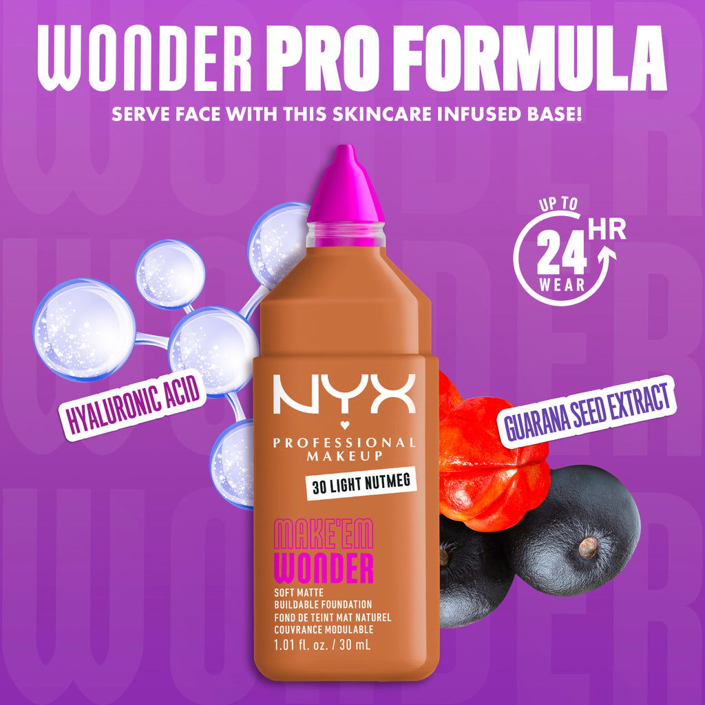 Make 'Em Wonder Liquid Foundation, 24HR Foundation Makeup With A Soft Matte Finish, Buildable Full Coverage