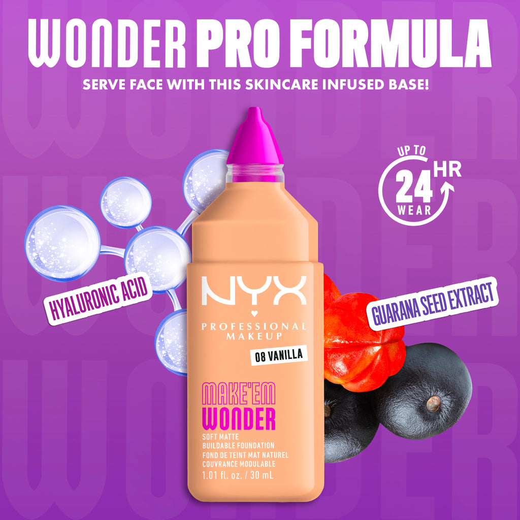 Make 'Em Wonder Liquid Foundation, 24HR Foundation Makeup With A Soft Matte Finish, Buildable Full Coverage