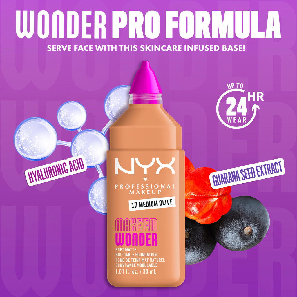 Make 'Em Wonder Liquid Foundation, 24HR Foundation Makeup With A Soft Matte Finish, Buildable Full Coverage