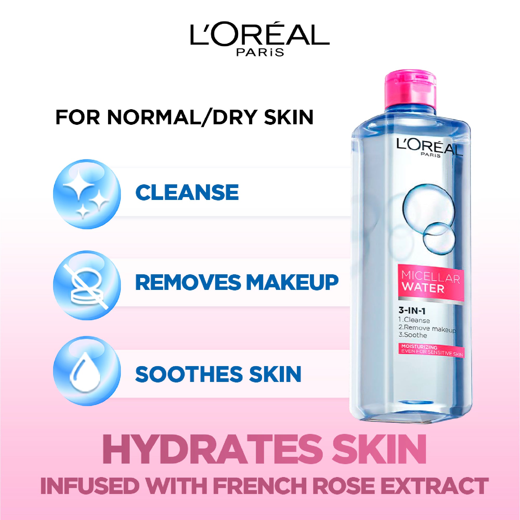 L'Oréal Paris - 3-in-1 Refreshing and Moisturizing Micellar Water, Cleanse, Remove Makeup and Soothe, for Sensitive and Normal to Dry Skin | MazenOnline