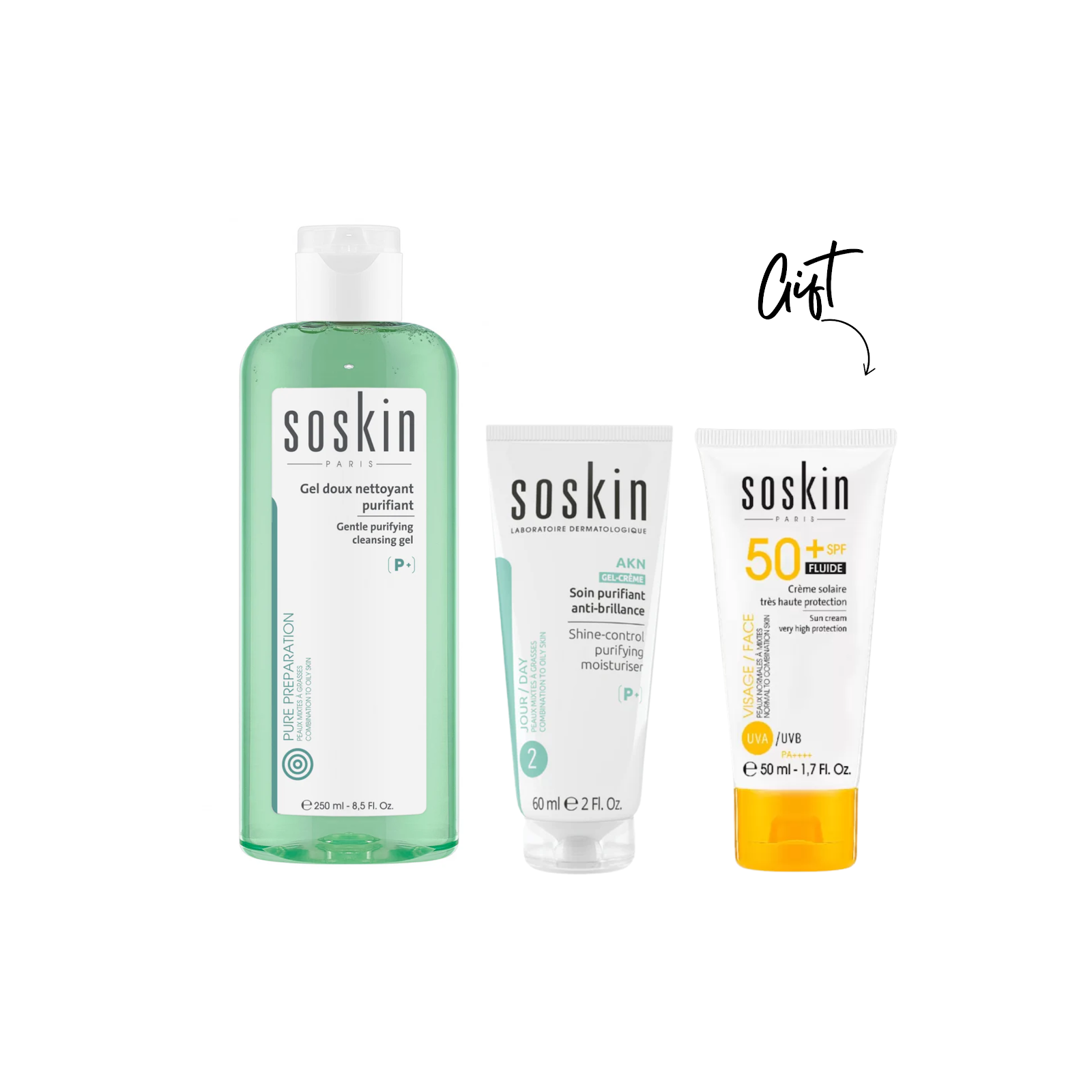 Soskin - Gentle Purifying Cleansing Gel + Shine Control Purifying Moisturizer + Free Fluid Sunscreen | MazenOnline