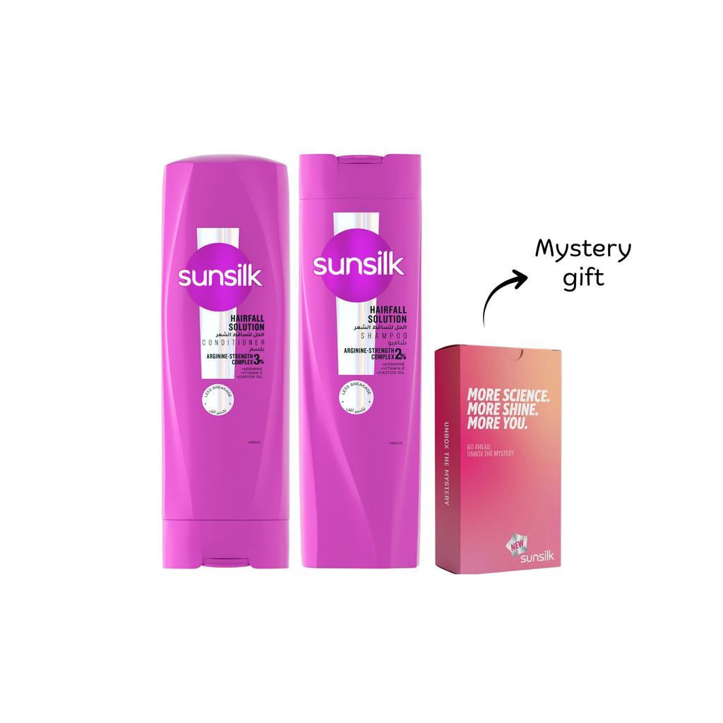 Sunsilk HairFall Solution shampoo and conditioner with a gift set, featuring bottles of hair care products for reducing hair fall.