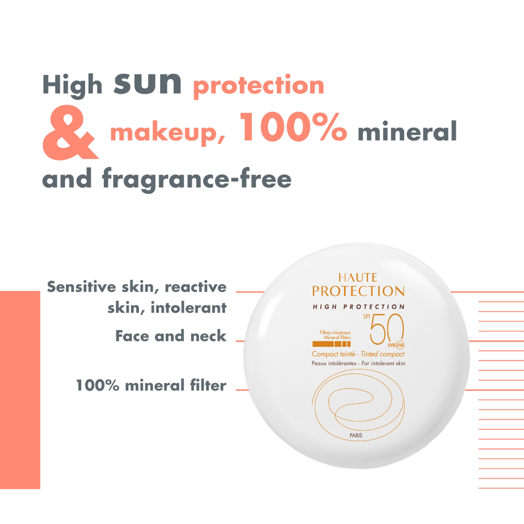Avène High Protection Compact Tinted SPF 50 dermocosmetic in Sand shade, compact face sun protection with high SPF.