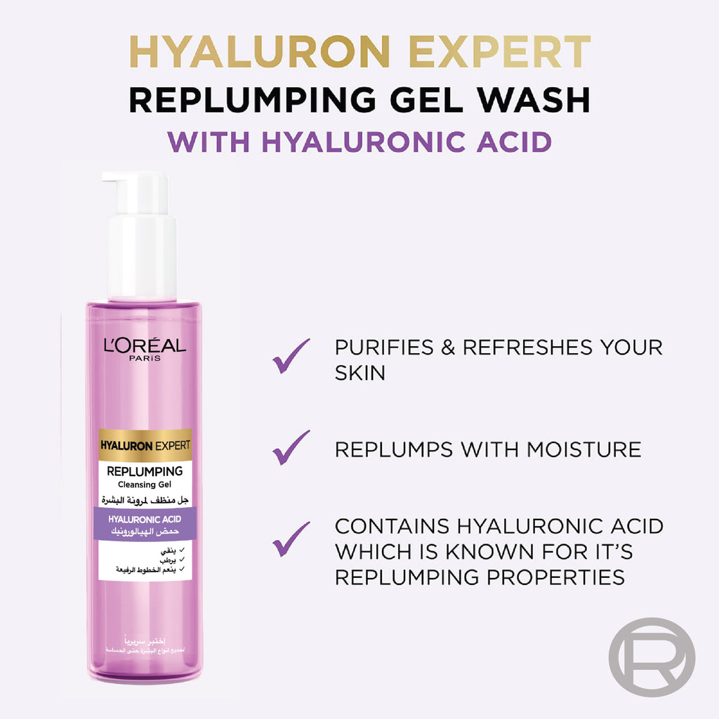L'Oréal Paris - Hyaluron Expert Replumping Cleansing Gel, with Hyaluronic Acid, to Replump, Purify and Hydrate, for All Skin Types Including Sensitive | MazenOnline