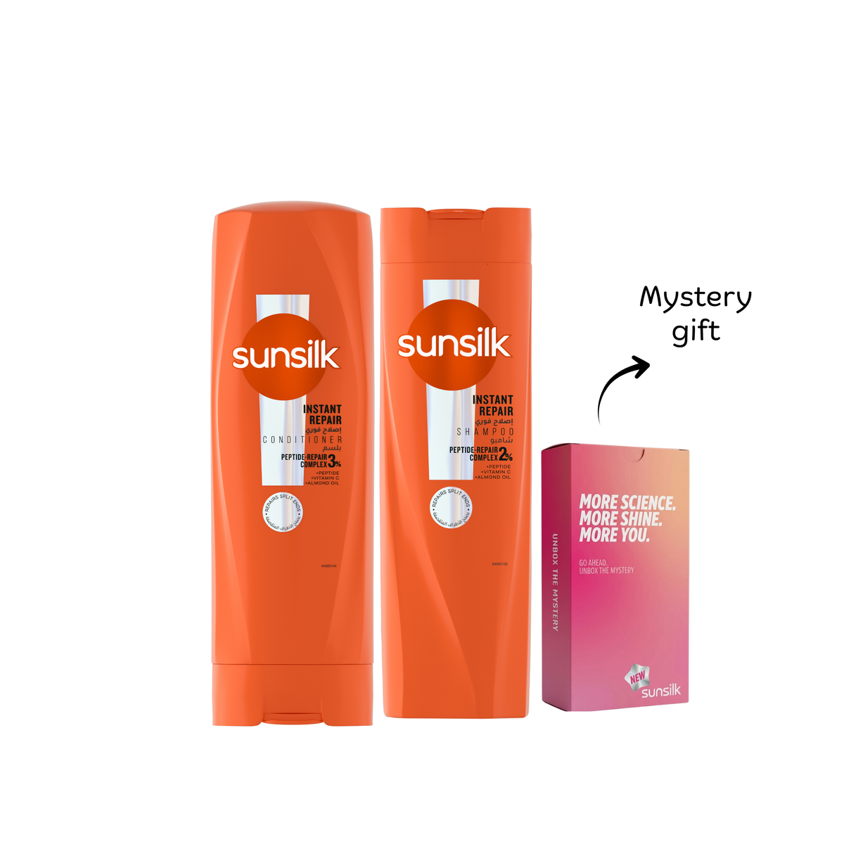 Sunsilk Instant Repair shampoo, conditioner, and gift set with bottles displaying healthy hair and vibrant packaging.