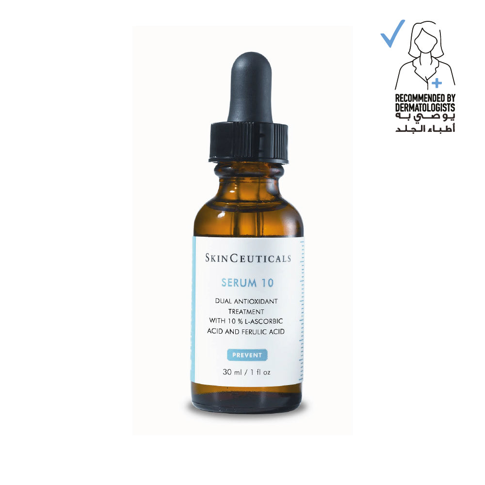 SkinCeuticals Serum 10: Vitamin C 30ml bottle for dull, sensitized skin, featuring a clear glass container with the serum inside.
