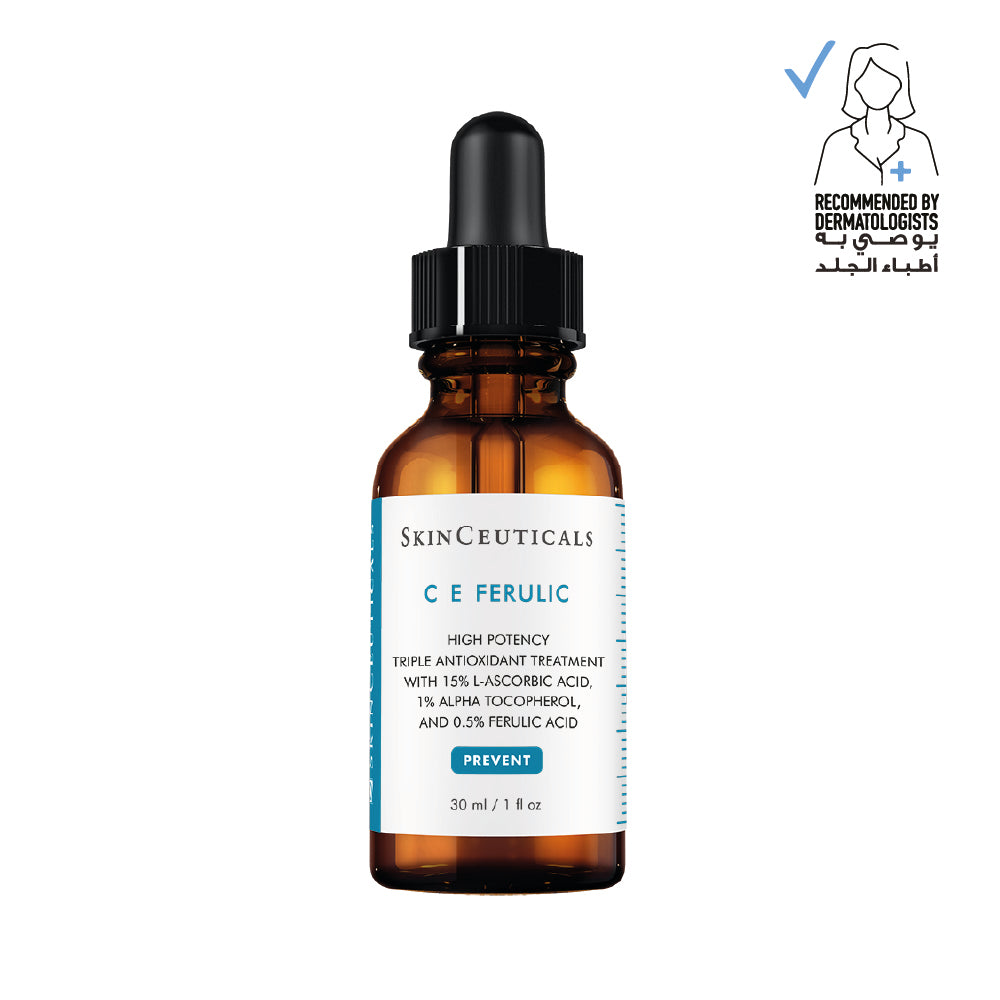SkinCeuticals CE Ferulic Serum bottle, luxury skincare product with dropper, designed for brightening and antioxidant protection.