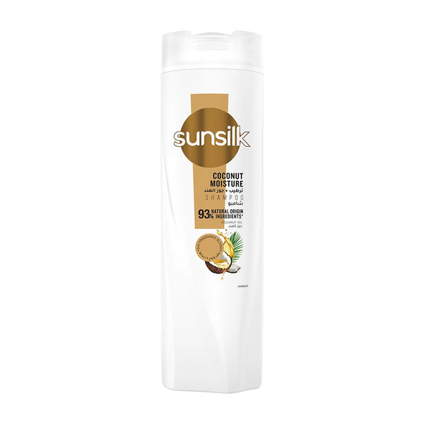 Sunsilk Coconut Shampoo bottle with coconut-themed label, showing the product's creamy texture and coconut imagery.