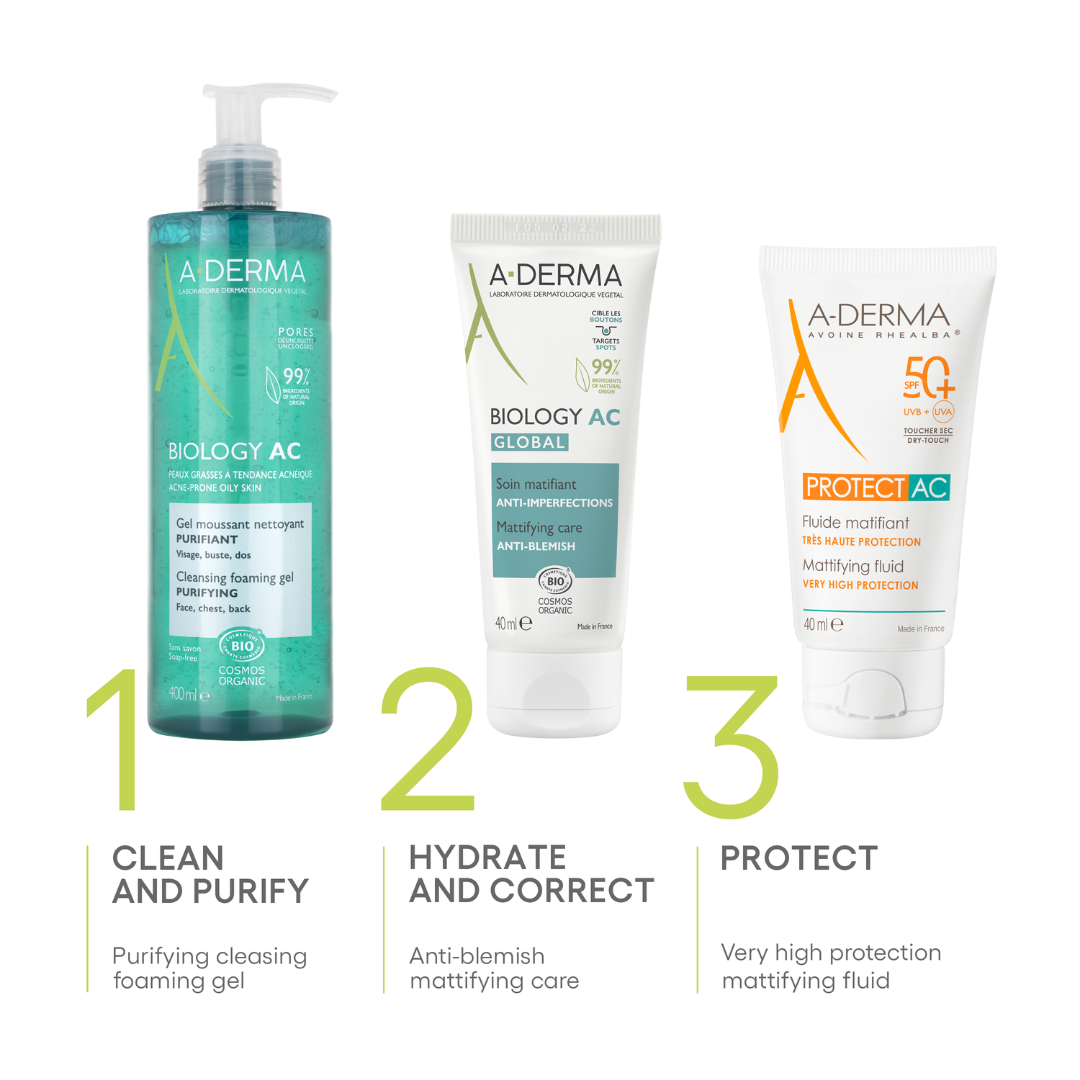 Aderma - Buy one A-Derma Biology AC Mattifying anti-blemish global treatment and get a FREE 200ml Biology AC Purifying foaming gel | MazenOnline