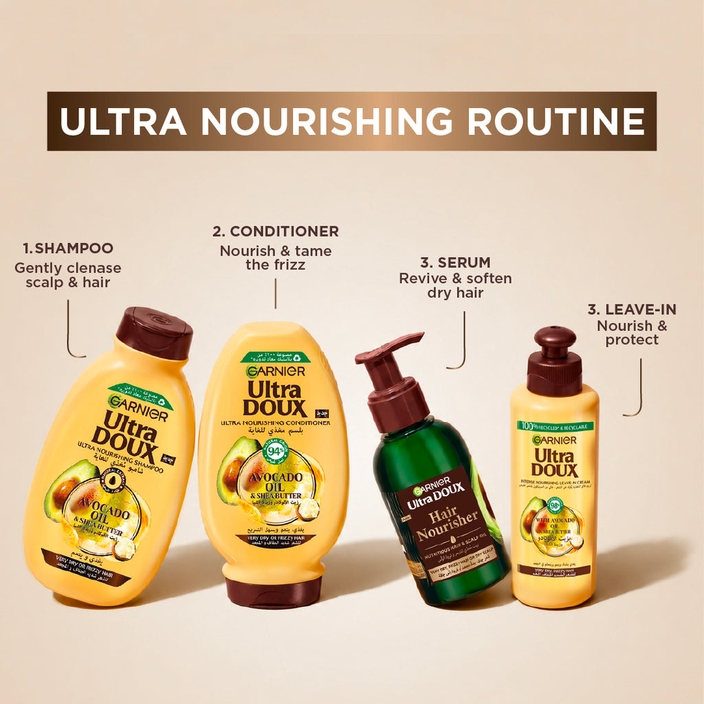 Garnier Ultra Doux avocado and shea butter shampoo bottle, casual hair care product for nourishing and moisturizing hair.