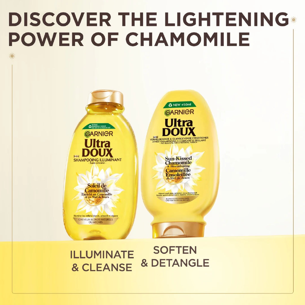 Garnier Ultra Doux chamomile and flower honey illuminating shampoo bottle for casual hair care, with a natural, nourishing formula.