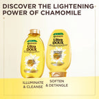 Garnier Ultra Doux chamomile and flower honey illuminating shampoo bottle for casual hair care, with a natural, nourishing formula.