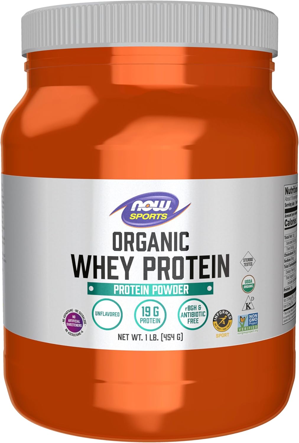 Sports Nutrition, Certified Organic Whey Protein 19 g, Unflavored Powder, 1-Pound