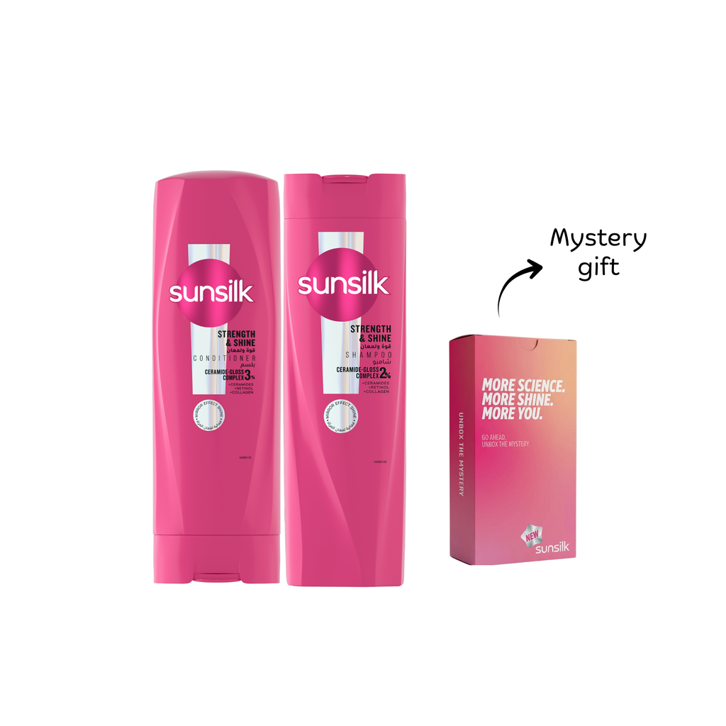 Sunsilk Shine & Strength shampoo and conditioner set with a gift, featuring sleek bottles with vibrant labels and hair care products.