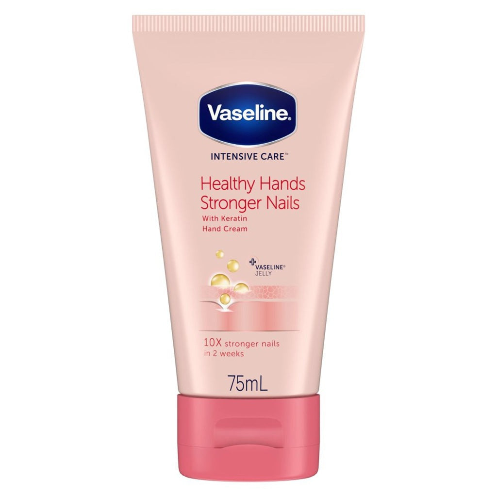 Vaseline Intensive Care Healthy Hands hand cream with keratin, showing smooth, well-moisturized hands and strong nails.