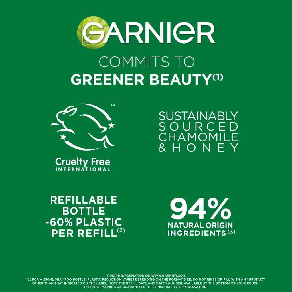 Garnier Ultra Doux illuminating shampoo with chamomile and flower honey for casual hair care, showing the shampoo bottle and ingredients.