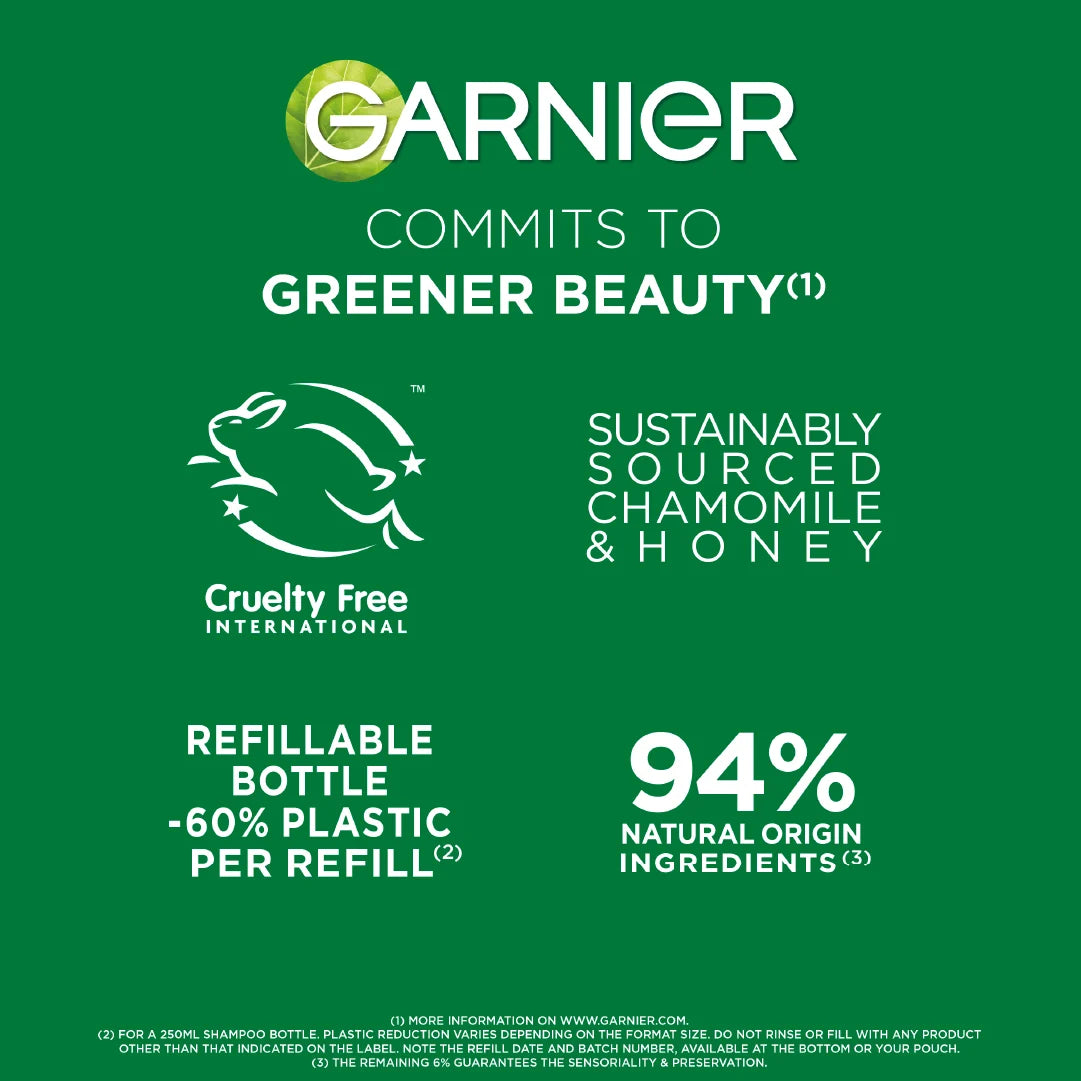 Garnier Ultra Doux illuminating shampoo with chamomile and flower honey for casual hair care, showing the shampoo bottle and ingredients.