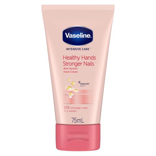 Vaseline Healthy Hands Stronger Nails hand cream tube with cream visible, designed to strengthen and moisturize hands and nails.