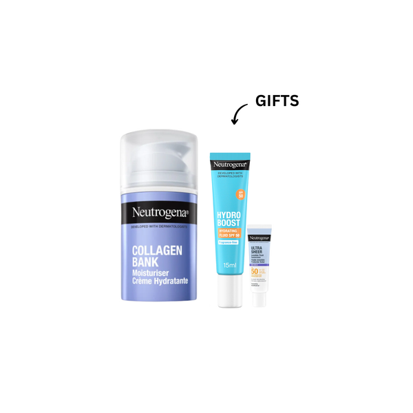 Neutrogena Collagen Bank moisturizing cream with gifts shown beside the product jar