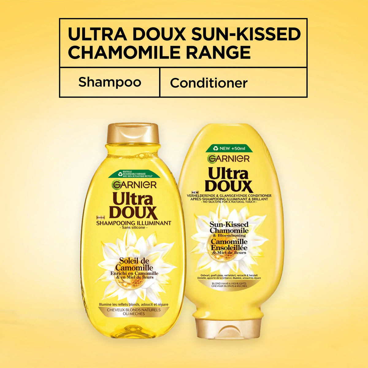 Garnier Ultra Doux Camomile and Flower Honey illuminating shampoo bottle for casual hair care, with a white and yellow design.
