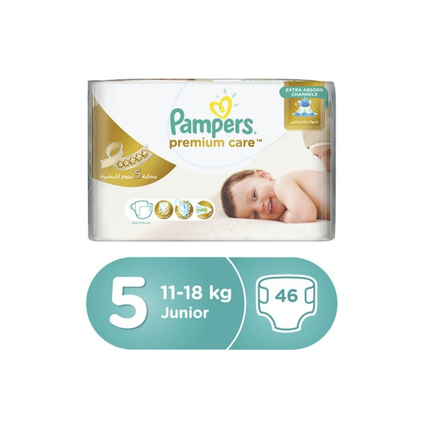 Premium Care Diapers, Size 5, Junior, 11-16 Kg, Value Pack, 46 Count - MazenOnline