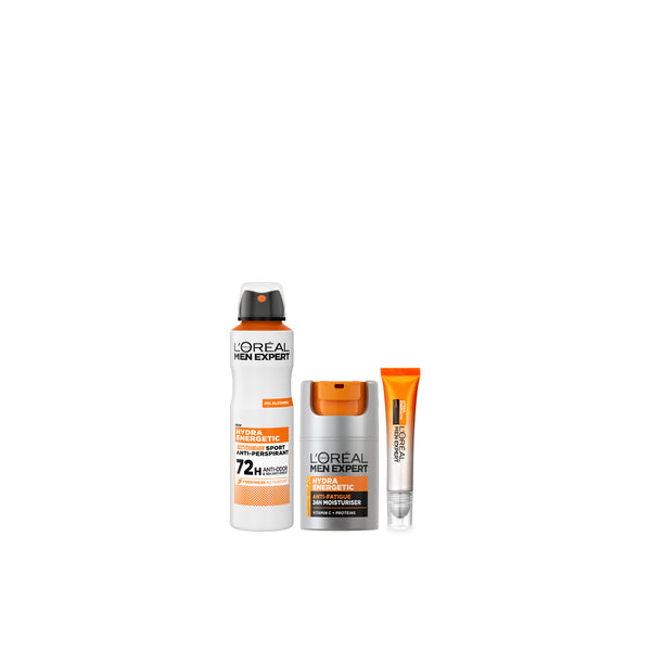 L'Oréal Paris Full Hydra Energetic Routine spray gift set with men's skincare products