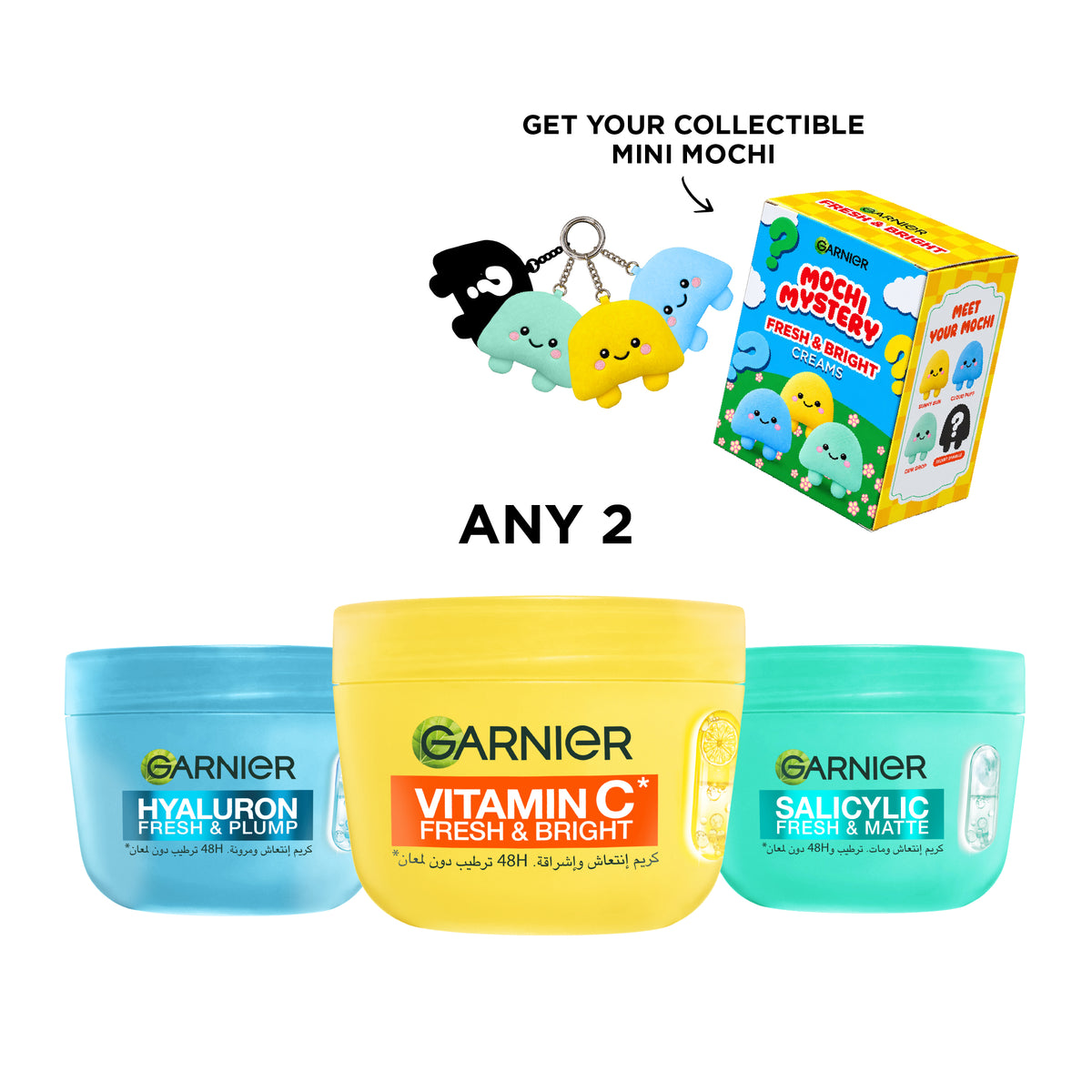 Two Garnier Fresh & Bright creams with a gift box, featuring colorful packaging and skincare products in a clean, bright setting.