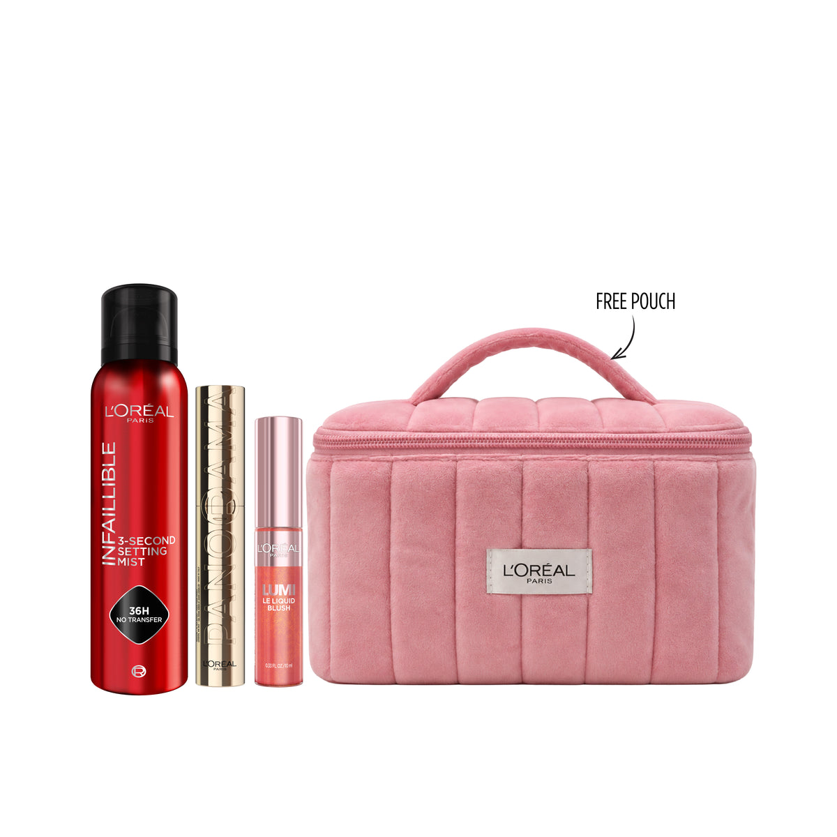 L'Oréal Paris Panorama mascara, Lumi blush, and setting spray makeup bundle on display