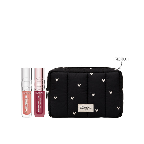 L'Oréal Paris Hyaluron Tint + Plump Ambition makeup set bundle posing with beauty products