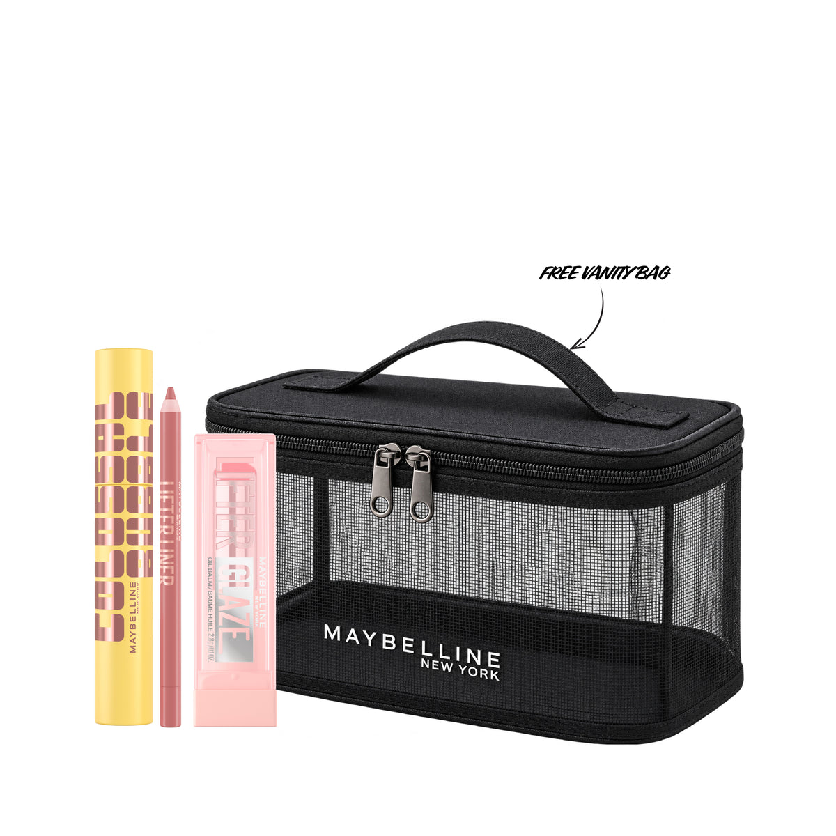 Maybelline New York Black Friday bundle featuring Lifter Glaze, Lifter Liner, and Colossal Bubble mascara on white background.