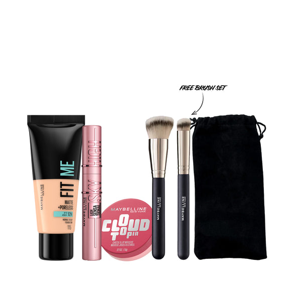 Maybelline New York makeup set with Fit Me foundation, Sky High mascara, and Cloudtopia makeup product