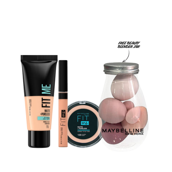 Set of Maybelline New York Fit Me foundation, concealer, and powder on white background, ideal for makeup application.